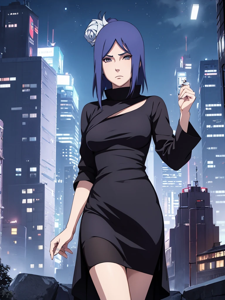 Konan from Naruto, 1girl, wearing a black colour party frock, modern stylish party dress, at a night party, 8k, high detailed, high quality