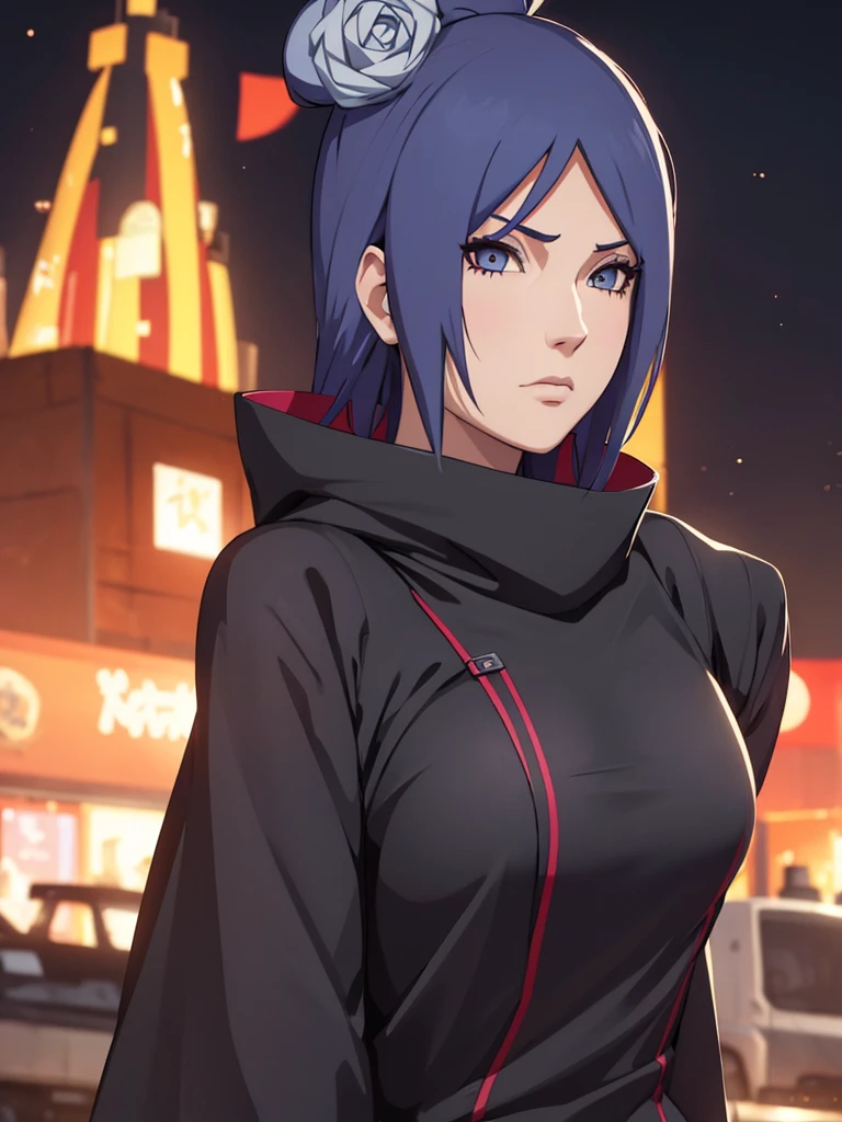 Konan from Naruto, 1girl, wearing a black colour party frock, modern stylish party dress, at a night party, 8k, high detailed, high quality