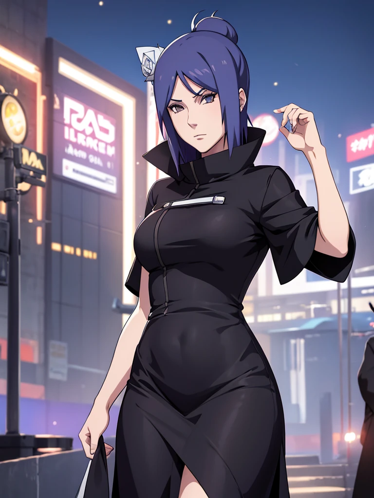 Konan from Naruto, 1girl, wearing a black colour party frock, modern stylish party dress, at a night party, 8k, high detailed, high quality