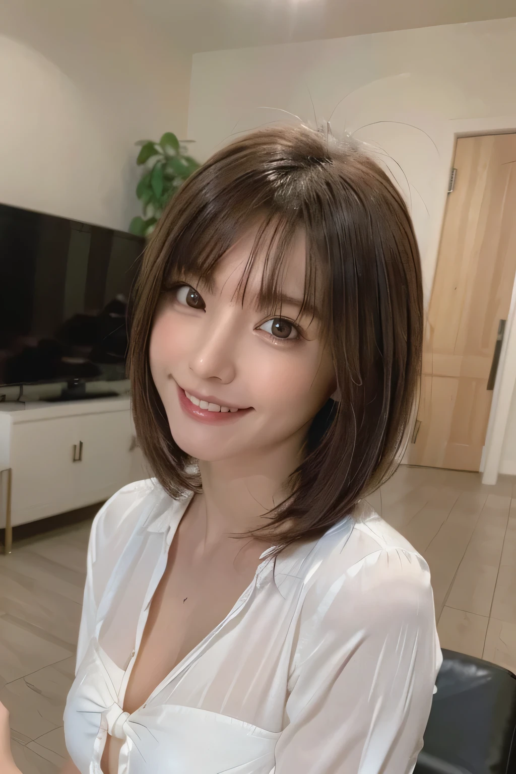 ((masterpiece)), ((Highest quality)), ((Complex)), ((Surreal)), (Realistic), (Mature Woman), ((There are no classes)), Very detailed, (1 female), Beautiful and exquisite, (Beautiful Teeth), Grin, Brunette Bob Hair, Brown eyes, ((blouse)), (Upper Body), (background:none), Perfect Eyes, Captivating eyes, Looking at the audience