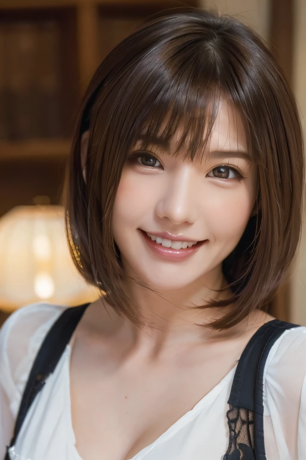 ((masterpiece)), ((Highest quality)), ((Complex)), ((Surreal)), (Realistic), (Mature Woman), ((There are no classes)), Very detailed, (1 female), Beautiful and exquisite, (Beautiful Teeth), Grin, Brunette Bob Hair, Brown eyes, ((blouse)), (Upper Body), (background:none), Perfect Eyes, Captivating eyes, Looking at the audience