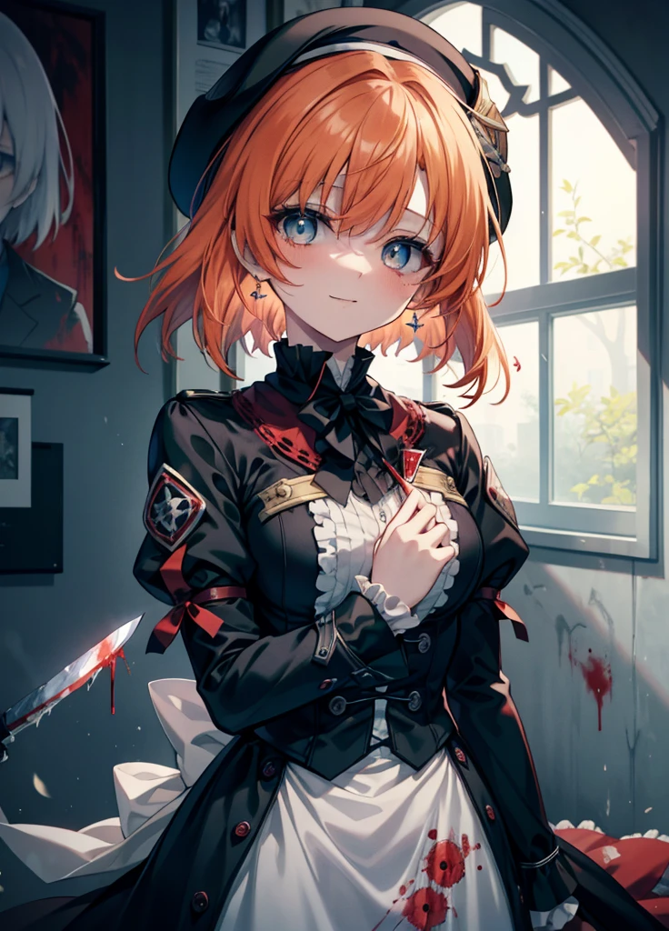 Ryugu Rena, Rena Ryuuguu, Orange Hair, short hair, Hair Blue Eyes, smile, There are still blood stains on the wall,spooky, Dead Eyes,A grinning man holding a Bloodstained knife in one hand.,Bloodstained beret,Bloodstained,Drops of blood,There was blood splattered all over the room..,spooky笑い, Dead Eyes,Psychopath horror,Bloodstained clothes,Drops of blood,spooky,murder scene, Serial killer, bathed in blood,Clothes with blood on them，Bloodstained black suit jacket, Bloodstained collared jacket,Blood stained white dress shirt, Shirt with blood on the collar, Neckline, button, strap, ID card on the neck, Bloodstained 黒色ペンシルスカート,Bloodstained 黒色パンティストッキング,Bloodstained ピンヒール,Big Breasts,holding a Bloodstained knife grip,whole bodyがイラストに入るように,Shadowed face 、
break looking at viewer,whole body,
break indoors, office,
break (masterpiece:1.2), Highest quality, High resolution, unity 8k wallpaper, (shape:0.8), (Fine and beautiful eyes:1.6), Highly detailed face, Perfect lighting, Highly detailed CG, (Perfect hands, Perfect Anatomy),