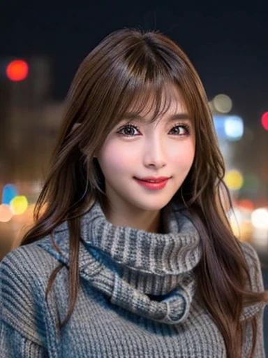 1 Japanese girl,(Dark Gray Sweater:1.4),(She has a knitted scarf around her neck.:1.2), (RAW Photos, highest quality), (Realistic, Photorealistic:1.4), Tabletop, Very delicate and beautiful, Very detailed, 8k wallpaper, wonderful, In detail, Very detailedなCG Unity, High resolution, Soft Light, Beautiful and detailed 19 year old girl, Very detailedな目と顔, Beautifully detailed nose, Beautiful fine details,Cinema Lighting,City lights at night,Perfect Anatomy,Slender body,smile  (My hair is messy, Asymmetrical bangs, Light brown hair,)