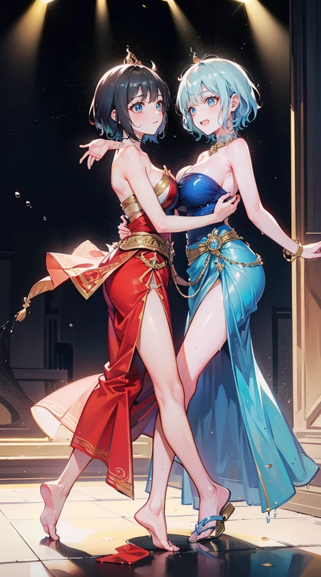 (2 young women ,beautiful woman),(เด็กหญิงshyุ 20 ปี),smile,(light green short hair),nobility,(princess),blue student,Tall figure,((Strapless Thai dress)),low skirt,(Strapless Thai dressที่ไม่ทีสาย),ta skirt,Show your legs,Barefoot,red carpet,prom website,(nobility),(big tits),(Various positions),Highest quality、Highest picture quality、Masterpiece,, ,(((Umbilical drive,dance,dance,Thai dance))), (there'there'There's nothing hiding the pussy...), (no panties), (very good:1.2), (shy:1.2), (wet:1.2), (feel sexually happy:1.6),