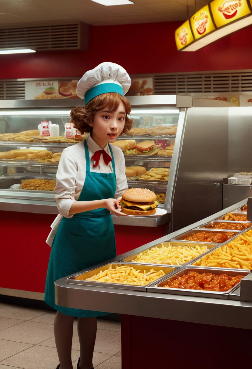 Fast Food Worker, by Ernest and Celestine, full body, cinematic still, cinemascope, best quality, masterpiece, very aesthetic, perfect composition, intricate details, ultra-detailed, vivid colors