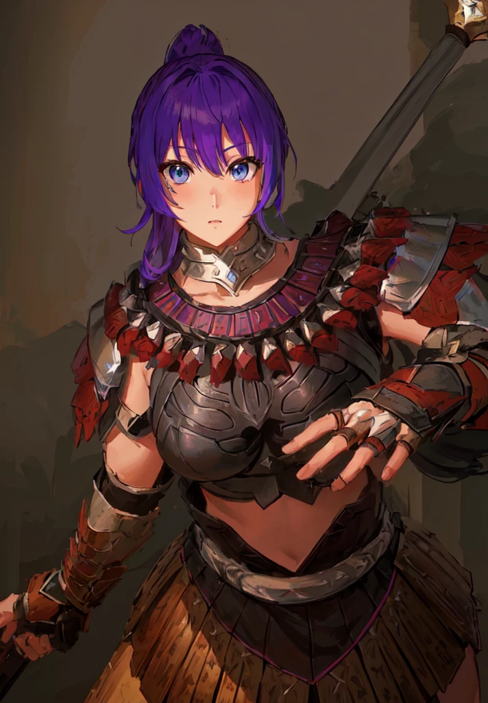 Wearing armor、Anime image of a woman holding a spear, Armor Girl, With scaly armor, Purple Armor, wearing monster hunter armor, A very beautiful berserker woman,Anime Art,Three Kingdoms志,Three Kingdoms。big boods,big ,huge ,sex body,Purple Hair,Blue Eyes,Black Leather,Brown skin,dark skin,