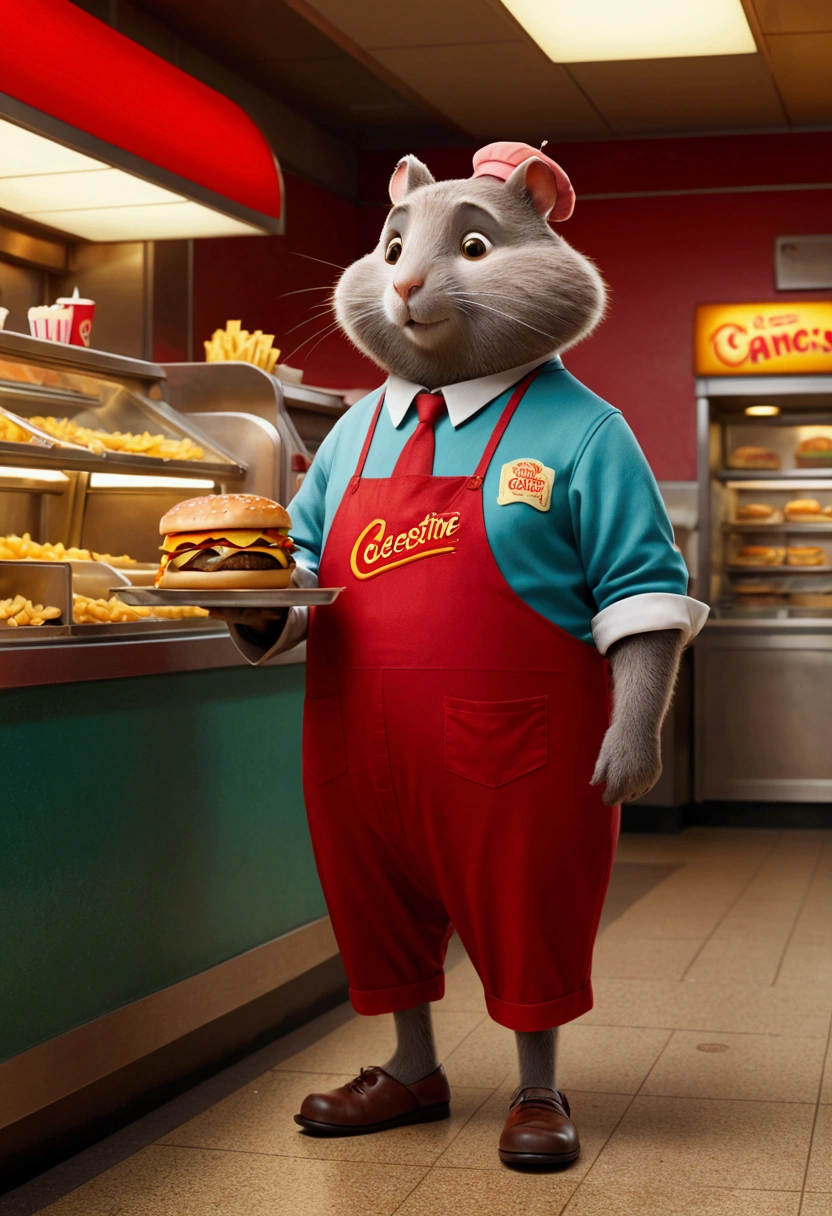 Fast Food Worker, by Ernest and Celestine, full body, cinematic still, cinemascope, best quality, masterpiece, very aesthetic, perfect composition, intricate details, ultra-detailed, vivid colors