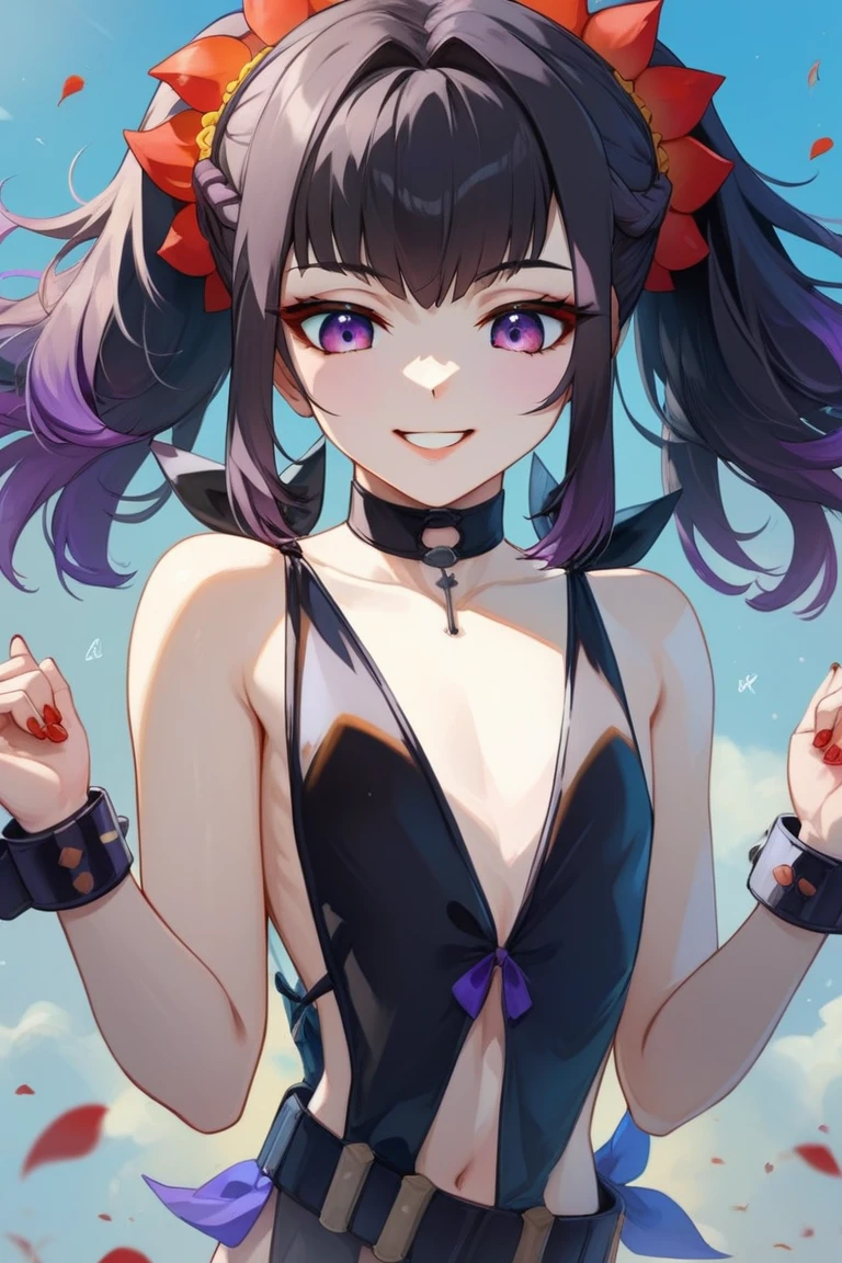 score_9, score_8_up, score_7_up, very aesthetic, source_anime, detailed, high quality, beautiful, masterpiece, detailed eyes,
cowboy shot, upper body, emotionless, looking down at viewer
from behind,
flat chest,
symonne, pale white skin, black hair, two-tone hair, purple hair, multicolored hair, gradient hair, french braid, purple eyes, twintails, hair ornament, red nails, half-closed eyes,
(sideless outfit), revealing clothes, belt, black thigh highs, choker,, zPDXL,two hands,five fingers,sadistic smile,deep shaded face,singlebraid,smile worst,worst ridecule,evil moukery,latex thighhigh socs,laugh full of malice,,A face full of evil,Too evil ridicule,darkness worid back ground,