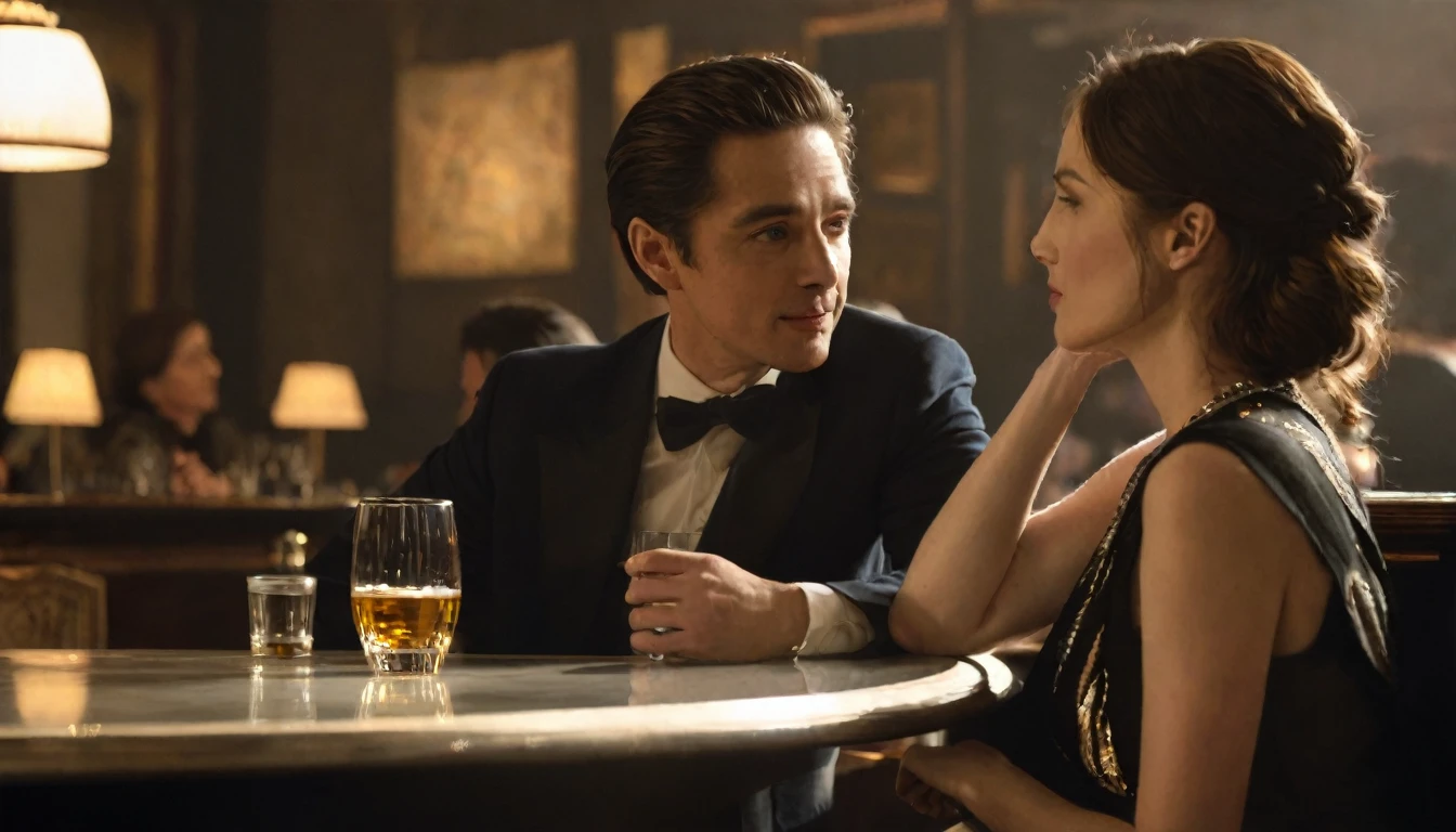 ((best quality)), ((masterpiece)), (detailed),bar,Dim lighting,A man and a woman sit opposite each other,chat