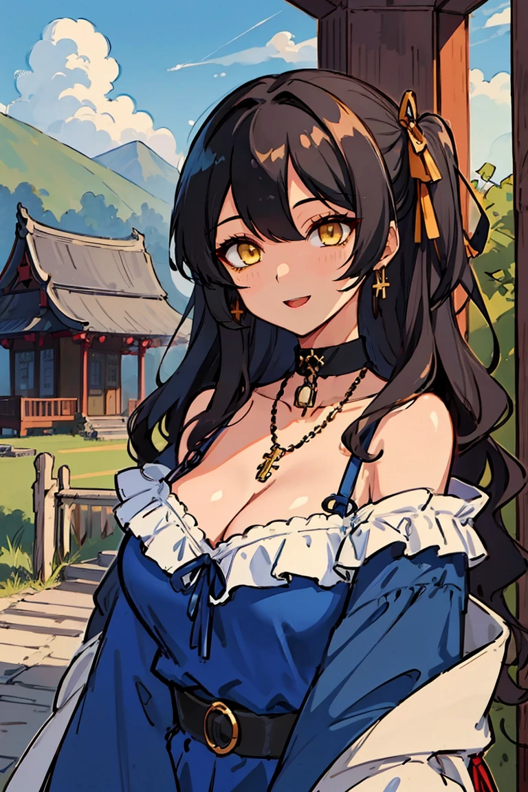 (masterpiece:1.2), (high quality:1.2), hui xiyi, rekkyo sensen, rekkyou sensen, solo focus, girls with((black hair, tits cleavage, exposed breasts, breasts close up, dress, (blue clothes:1.3), ribbon belt, off-shoulder sleeves, long sleeves, off shoulder jacket, frills shirt, frills camisole, straps, (ribbon tie, rosary choker, golden rosary, cross:1.05), upper body, (long wavy hair, one side up:1.4))), background with ((architecture, blue sky, building, bush, castle, village, no humans, cloud, cloudy sky, day, fence, field, garden, grass, hill, house, lamppost, landscape, mountain, mountainous horizon, nature, no humans, outdoors, scenery, shrine, sky, tower))