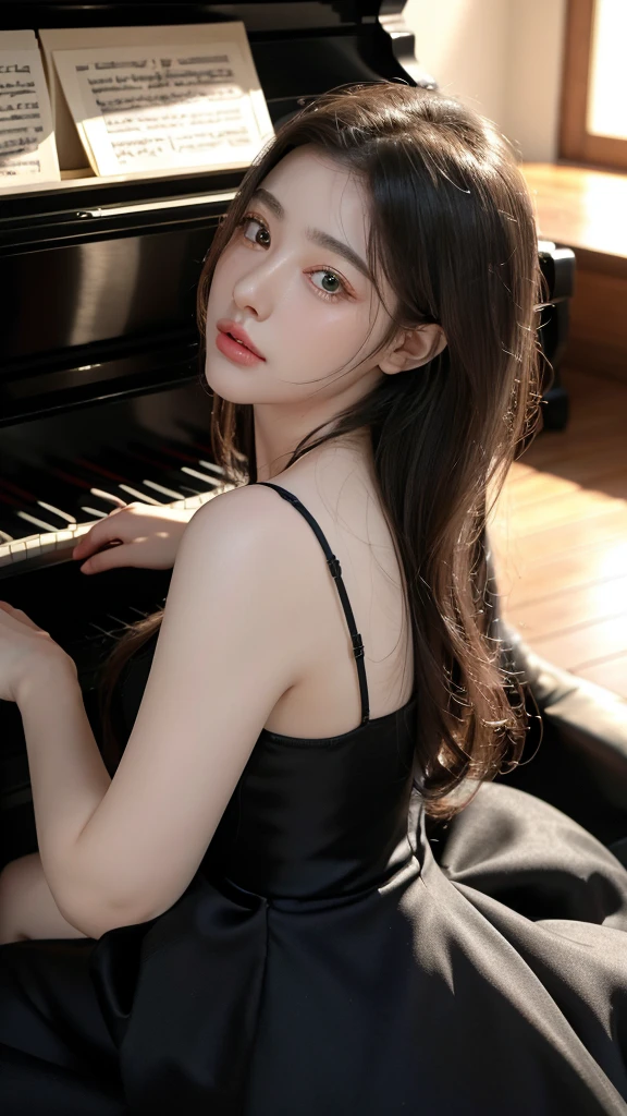 She is wearing a dress. The high-resolution image captures ultra-detailed realism and highlights Athena's seductive eyes, long eyelashes, and smooth skin. She plays the piano.