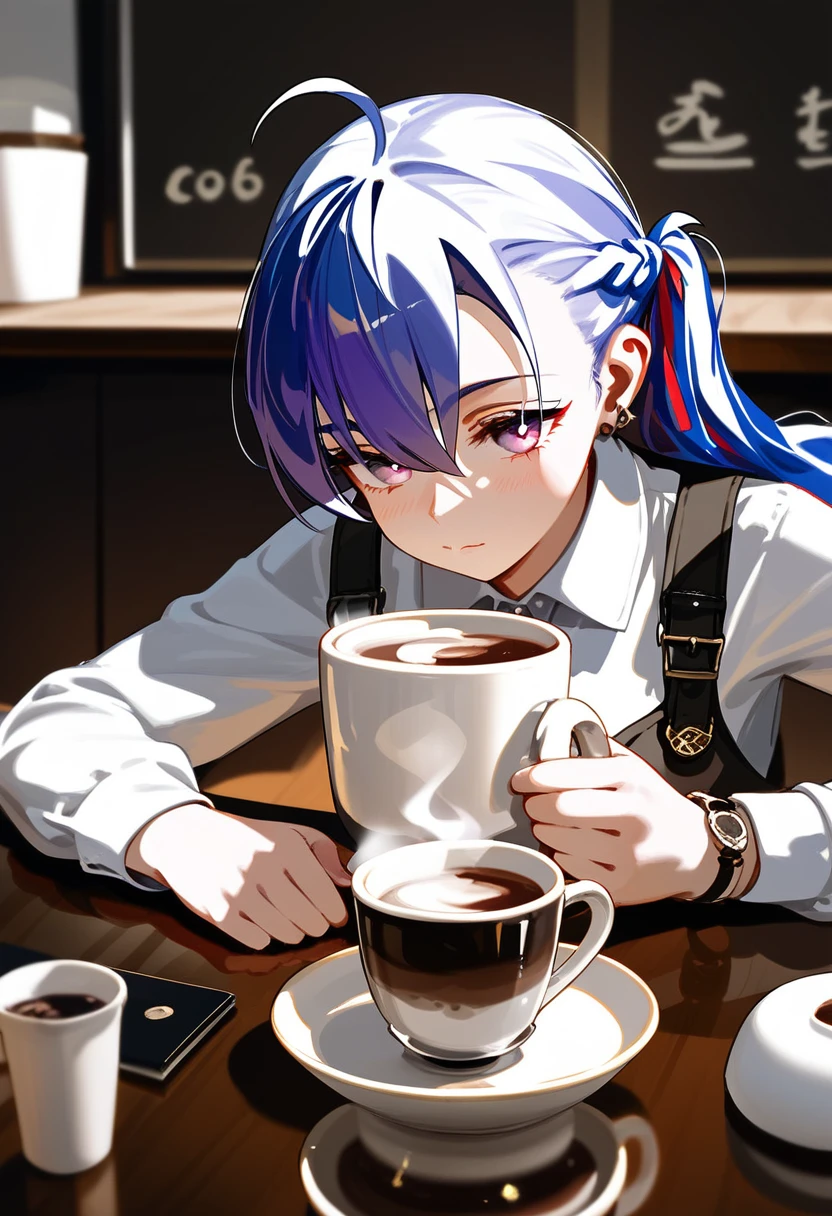 focus on cup , A cup filled with freshly brewed coffee, coffee beans scattered around, a shiny reflection on the surface,score_9,score_8_up,source_anime