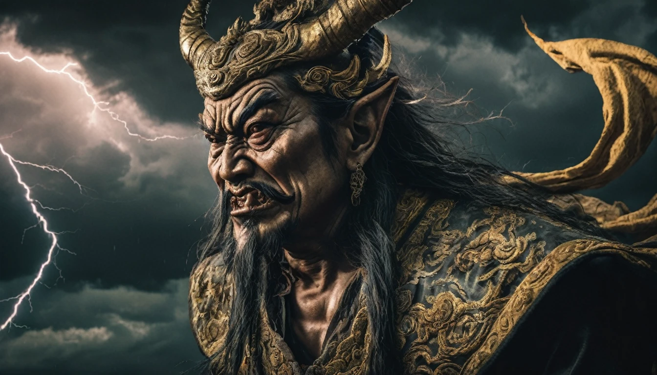 close up frontal face a grotesque and terrifying chinese mythology deity,stormy clouds with lightning and thunder in the background,detailed face and body,cinematic lighting,dark fantasy,chiaroscuro,moody colors,high contrast,dramatic shadows