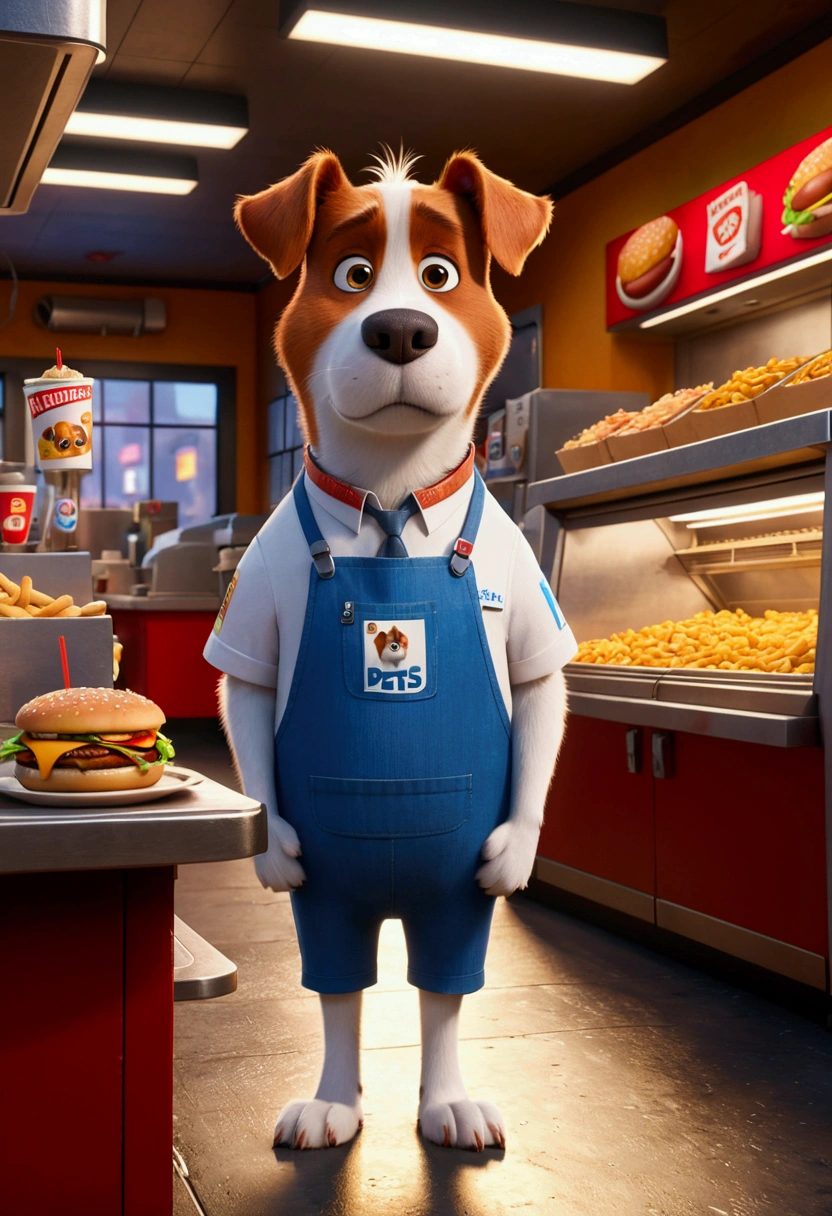 Fast Food Worker, The Secret Life of Pets, full body, cinematic still, cinemascope, best quality, masterpiece, very aesthetic, perfect composition, intricate details, ultra-detailed, vivid colors