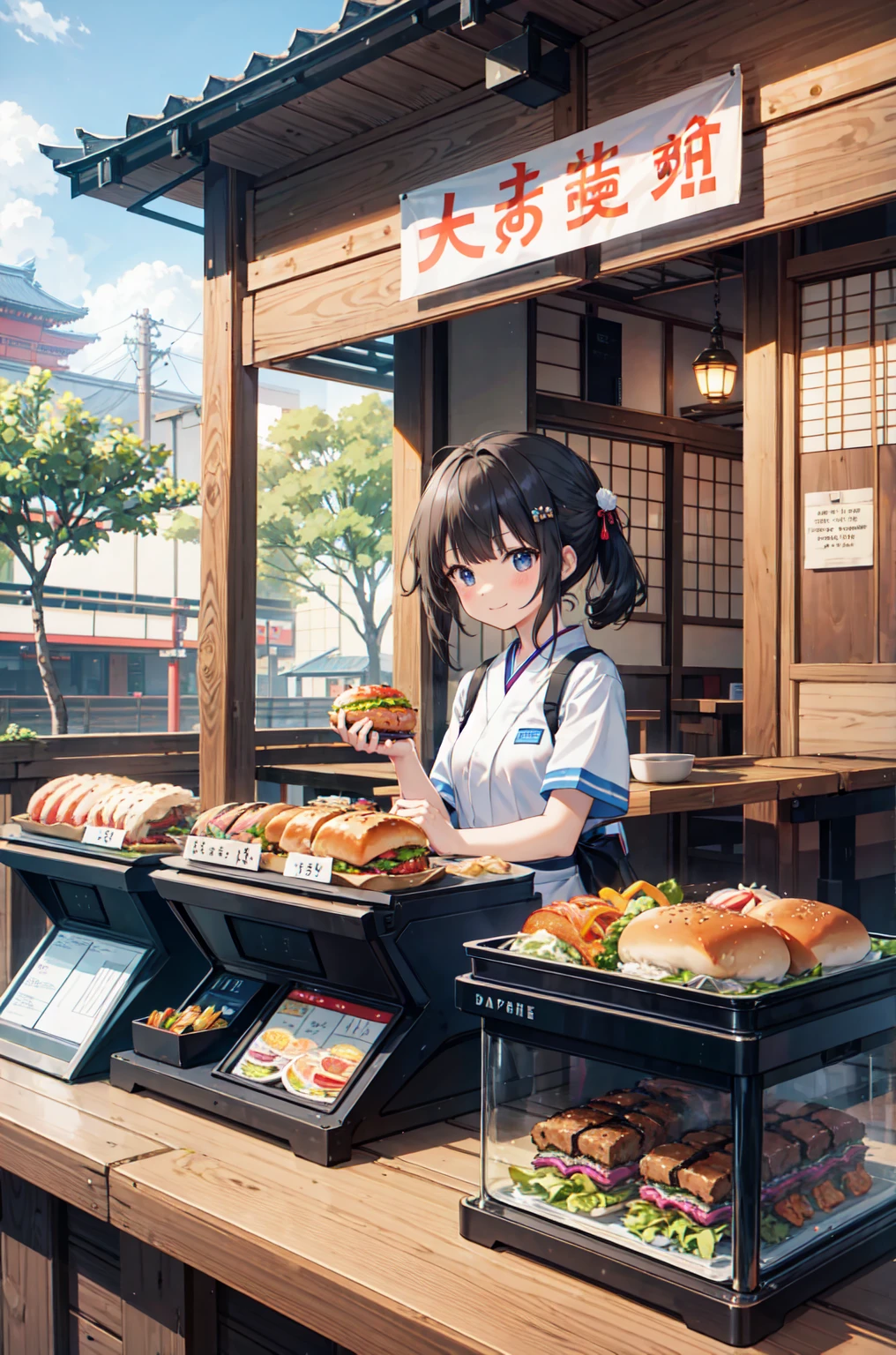 Absurd、Highest quality、Japanese burger shop、A part-time girl talking to a customer at the cash register、smile、landscape