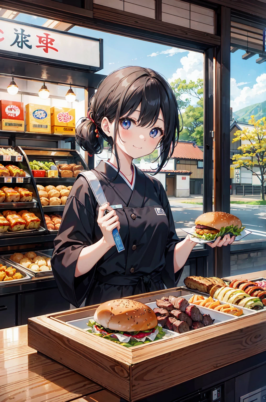 Absurd、Highest quality、Japanese burger shop、A part-time girl talking to a customer at the cash register、smile、landscape