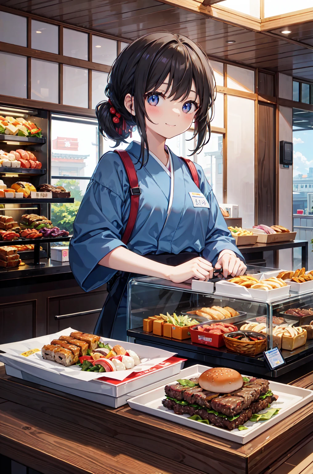 Absurd、Highest quality、Japanese burger shop、A part-time girl talking to a customer at the cash register、smile、landscape