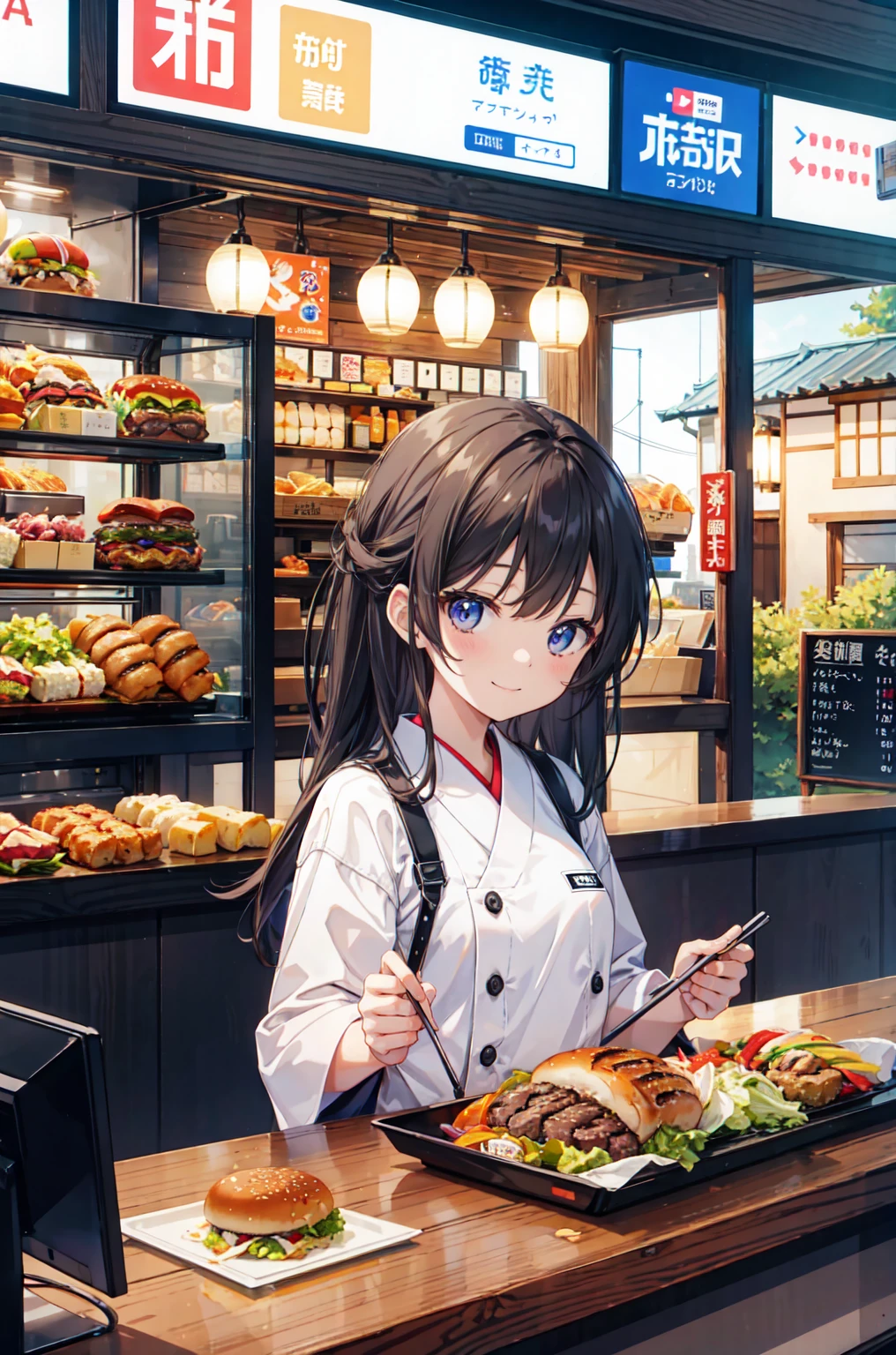 Absurd、Highest quality、Japanese burger shop、A part-time girl talking to a customer at the cash register、smile、landscape