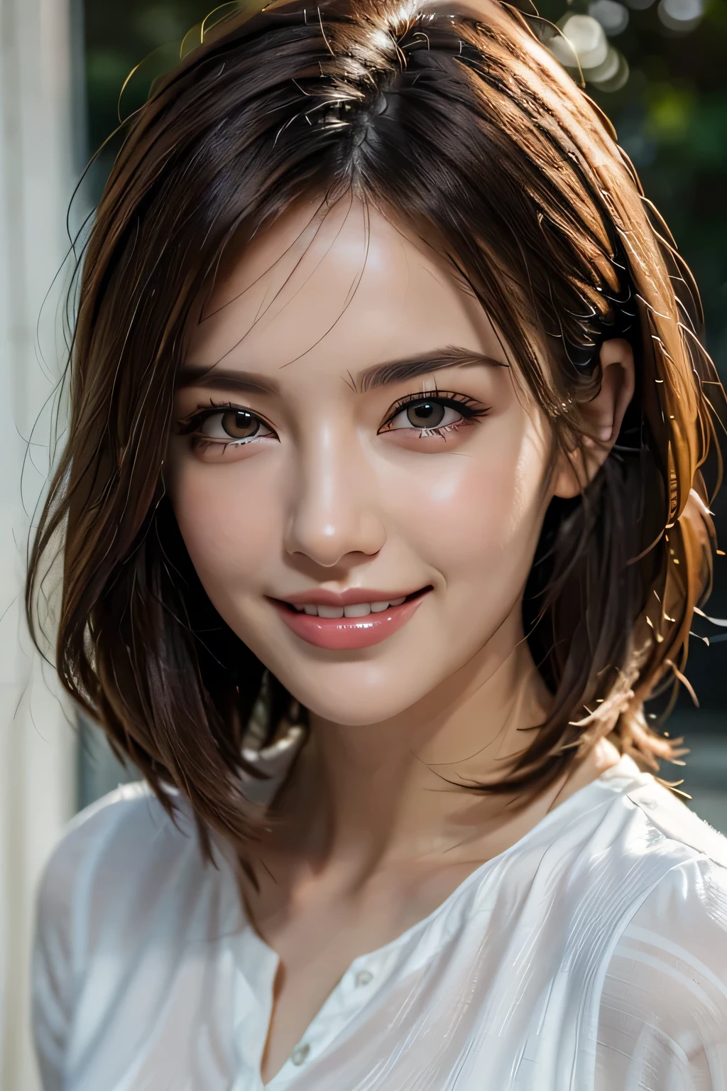 ((masterpiece)), ((Highest quality)), ((Complex)), ((Surreal)), (Realistic), (Mature Woman), ((There are no classes)), Very detailed, (1 female), Beautiful and exquisite, (Beautiful Teeth), Grin, Brunette Bob Hair, Brown eyes, ((blouse)), (Upper Body), (background:none), Perfect Eyes, Captivating eyes, Looking at the audience