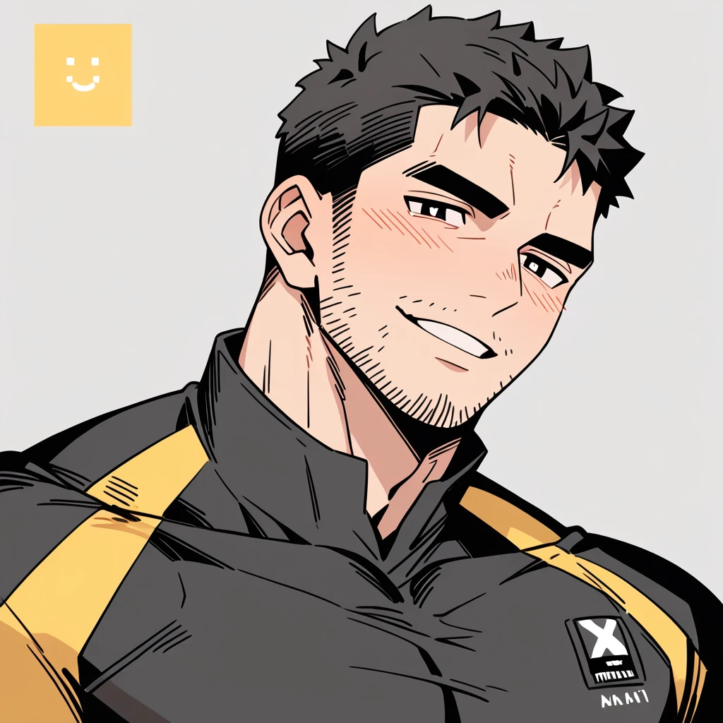 anime characters:Chris Redfield, Muscle Sports Student, Buzz Cut, Manliness, male focus, Dark black Yellow high collar long sleeve tight T-shirt, Very tight, full and perky chest muscles, muscular male, muscular, only, Upper body, alone, Black short hair, Thick eyebrows, stubble, Brown-red pupils, Grey background, simple background, amazing quality, best aesthetics, Ridiculous, parted lips, bright pupils, seductive smile, torogao, naughty face, best quality