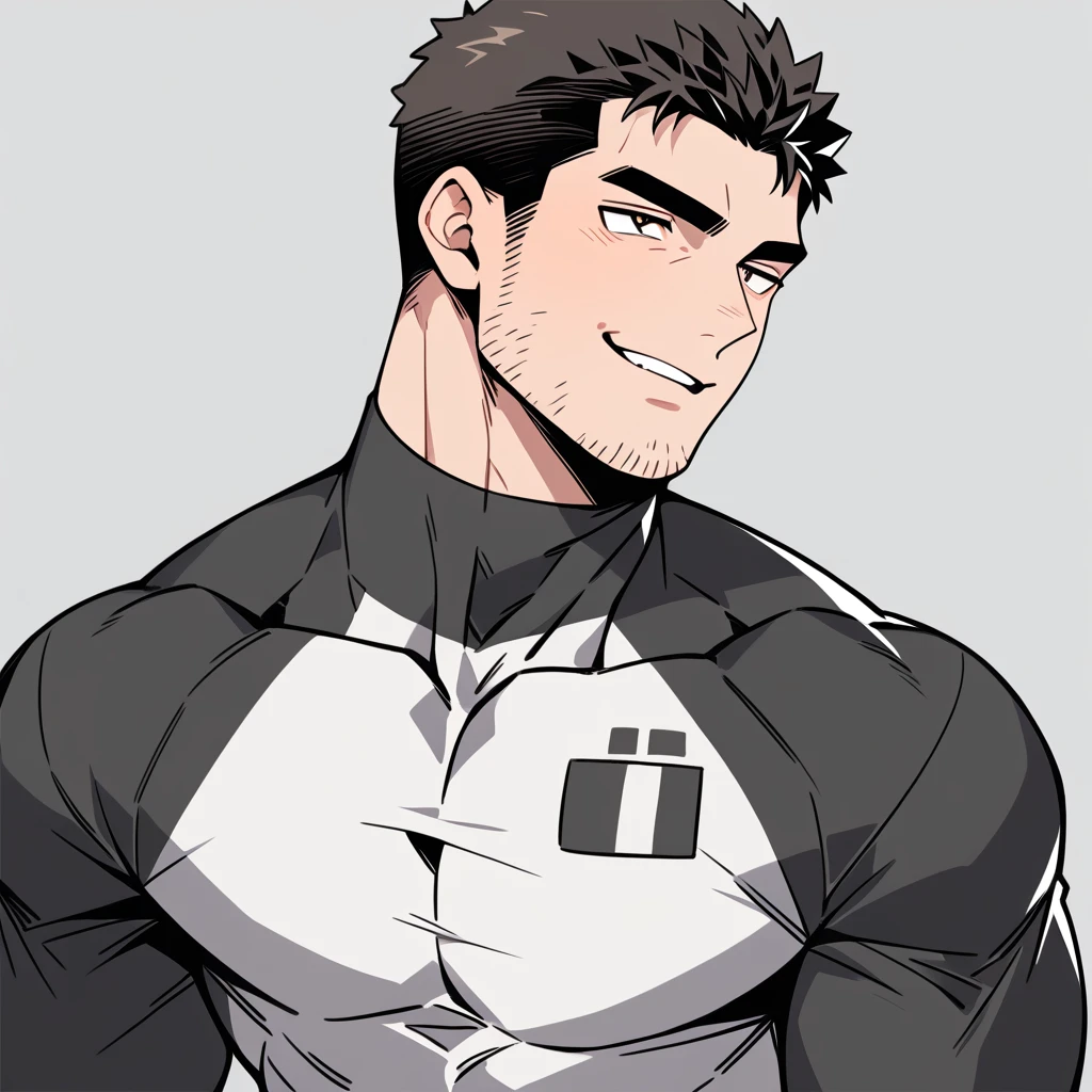 anime characters:Chris Redfield, Muscle Sports Student, Buzz Cut, Manliness, male focus, Dark black Yellow high collar long sleeve tight T-shirt, Very tight, full and perky chest muscles, muscular male, muscular, only, Upper body, alone, Black short hair, Thick eyebrows, stubble, Brown-red pupils, Grey background, simple background, amazing quality, best aesthetics, Ridiculous, parted lips, bright pupils, seductive smile, torogao, naughty face, best quality