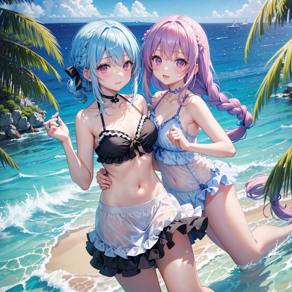(Sky blue medium hair),(Braided hair tied together)、Pink eyes、Fair skin、(whole body)、(One Girl)、Black frilly swimsuit、Shining white sand beach in midsummer、Okinawa's ocean、A big smile、、(masterpiece、Highest quality、Very detailed、Best Shadow)、(Detailed Background)、(Beautifully detailed face)、High contrast、(Best lighting、Very delicate and beautiful)、((Cinematic Light))、colorful、Hyper Detail、Dramatic Light、Exquisite detail、Girl sitting