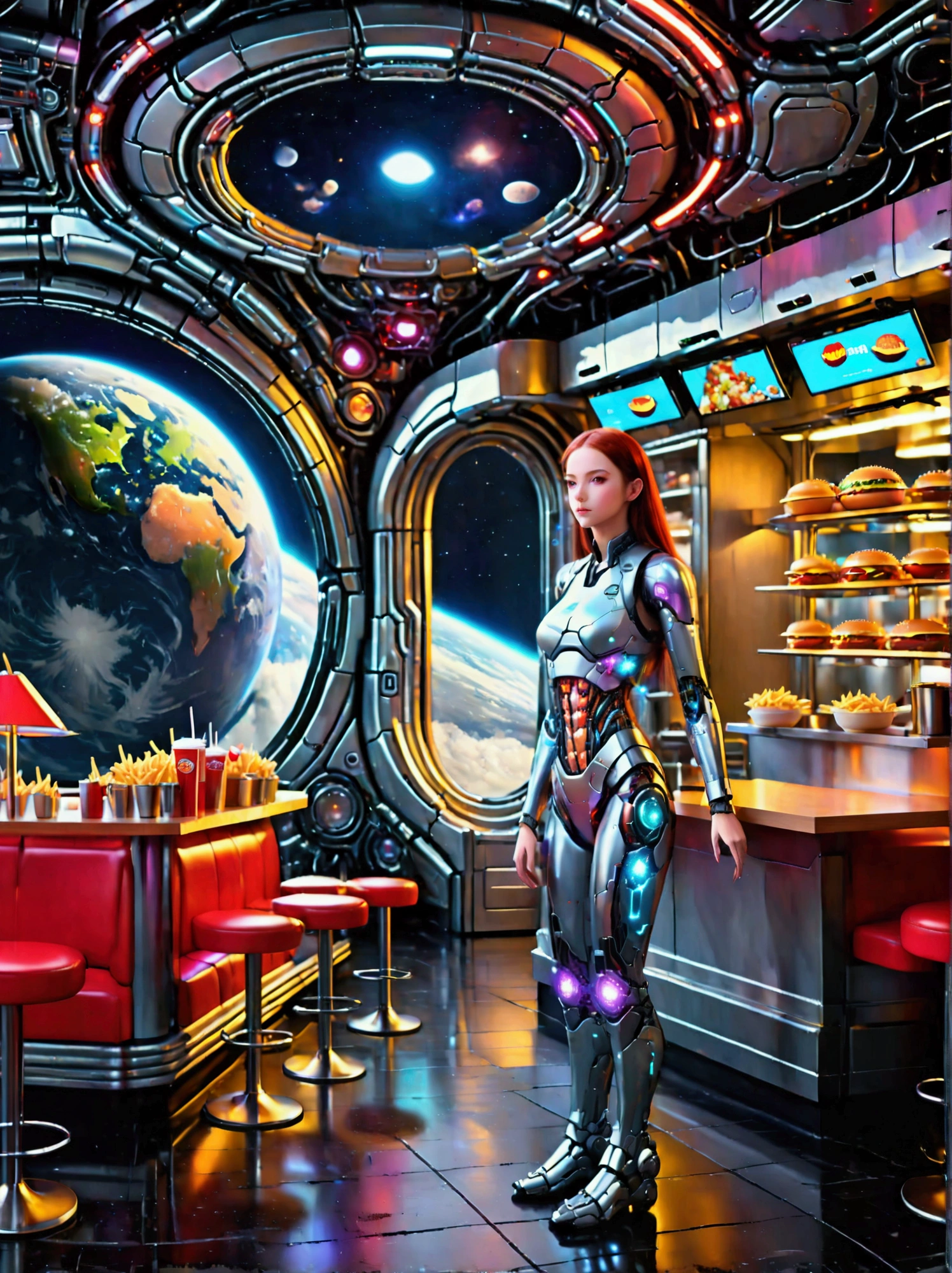 Best quality，8K，high resolution，masterpiece，Ultra Detailed，lifelike，Photorealism，future world，(Fast food restaurant cyborg female employee on the moon:1.5)，(apron)，(Fast food restaurant staff uniforms)，Transparent Mecha，Cyberpunk cyborg woman，doll，Beautiful meticulous eyes，Beautiful delicate lips，Extremely detailed eyes and face，Long eyelashes，Physically Based Rendering，Extremely detailed description，Ultra-detailed paintings，Futuristic interior decoration，Neon，Sharp focus，Vibrant colors，Science Fiction，Concept Art，High-tech atmosphere，Studio Lighting，HDR，Ultra HD，Bokeh