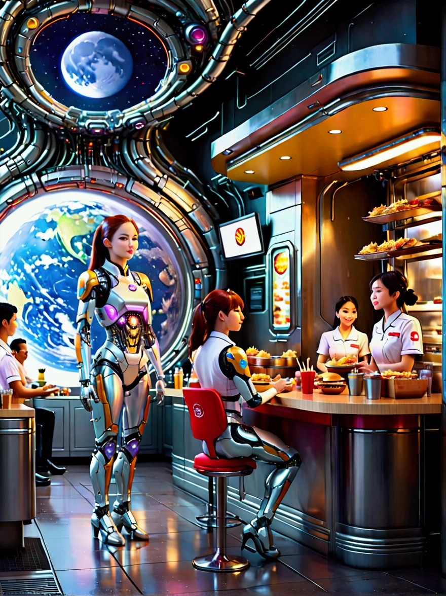 Best quality,8K,high resolution,masterpiece,Ultra Detailed,lifelike,Photorealism,future world,(Vision:1.5),(panoramic:1.5),(A luxurious fast food restaurant on the moon:1.2), (Cyborg female employee:1.5),(apron),(Fast food restaurant staff uniforms:1.3),Transparent Mecha,Cyberpunk cyborg woman,doll,Beautiful meticulous eyes,Beautiful delicate lips,Extremely detailed eyes and face,Long eyelashes,Physically Based Rendering,Extremely detailed description,Ultra-detailed paintings,Futuristic interior decoration,Neon,Sharp focus,Vibrant colors,Science Fiction,Concept Art,High-tech atmosphere,Studio Lighting,HDR,Ultra HD,Bokeh