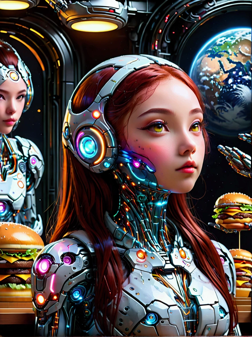 Best quality，8K，high resolution，masterpiece，Ultra Detailed，lifelike，Photorealism，future world，(Vision:1.5)，(panoramic:1.5)，(A luxurious fast food restaurant on the moon:1.2), (Cyborg female employee:1.5)，(apron)，(Fast food restaurant staff uniforms:1.3)，Transparent Mecha，Cyberpunk cyborg woman，doll，Beautiful meticulous eyes，Beautiful delicate lips，Extremely detailed eyes and face，Long eyelashes，Physically Based Rendering，Extremely detailed description，Ultra-detailed paintings，Futuristic interior decoration，Neon，Sharp focus，Vibrant colors，Science Fiction，Concept Art，High-tech atmosphere，Studio Lighting，HDR，Ultra HD，Bokeh