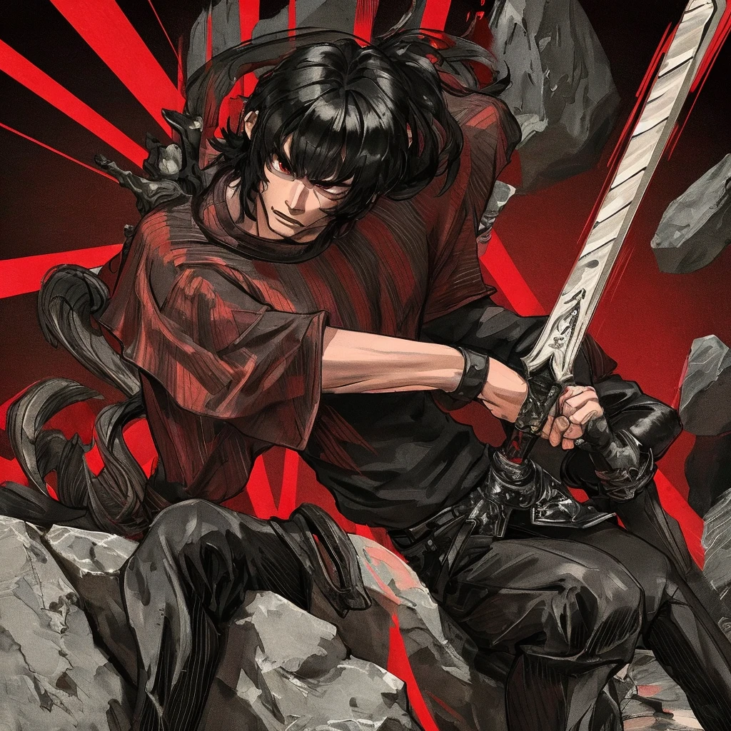 Masterpiece quality, 8K , well crafted details, 1 man , muscular build, In the background , Red stripes , Black background , Sword on the back , black T-shirt , Sits on a stone , inscription Berserk