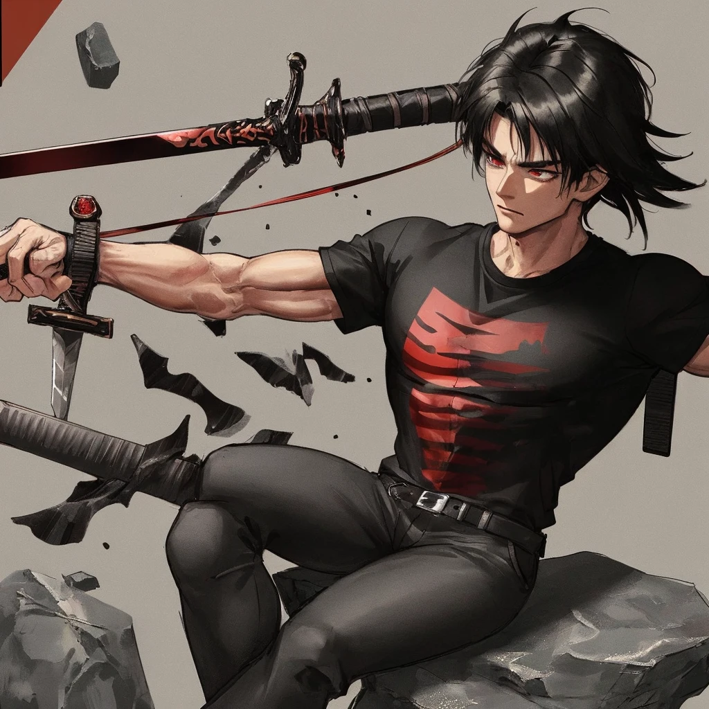 Masterpiece quality, 8K , well crafted details, 1 man , muscular build, In the background , Red stripes , Black background , Sword on the back , black T-shirt , Sits on a stone , inscription Berserk