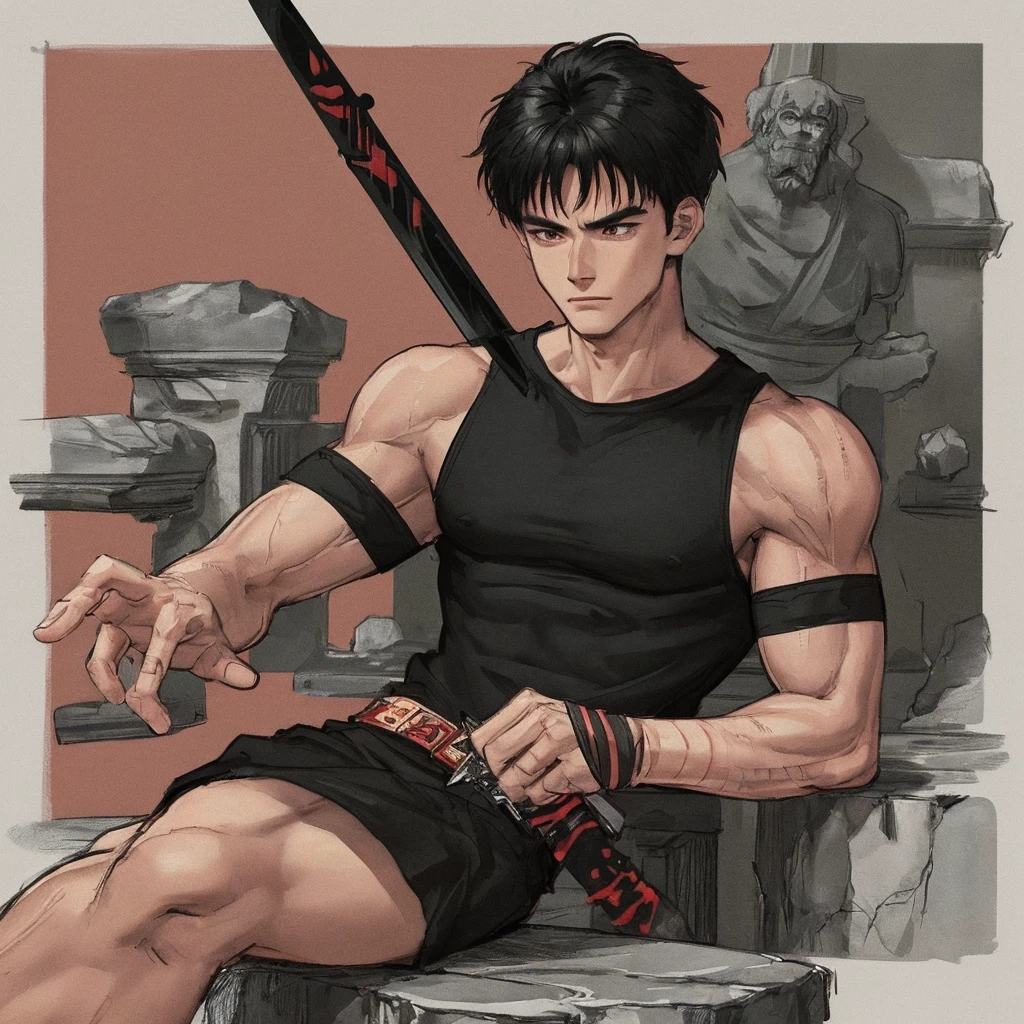 Masterpiece quality, 8K , well crafted details, 1 man , muscular build, In the background , Red stripes , Black background , Sword on the back , black T-shirt , Sits on a stone , inscription Berserk