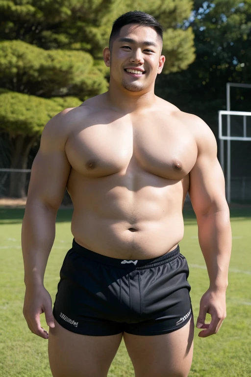 ((highest quality)), ((masterpiece)), (detailed), ((Perfect Face)), 4k, Shaved head, Young Japanese, Muscular, Fat body, Very big man, smile, ((showing off crotch)) A large Japanese man shirtless、whole body、Rugby player、Thick legs、Thick arm muscles、Intimidating、whole body、wearing a very tight black shorts、wearing a very short black shorts, (shirtless)、At the rugby field