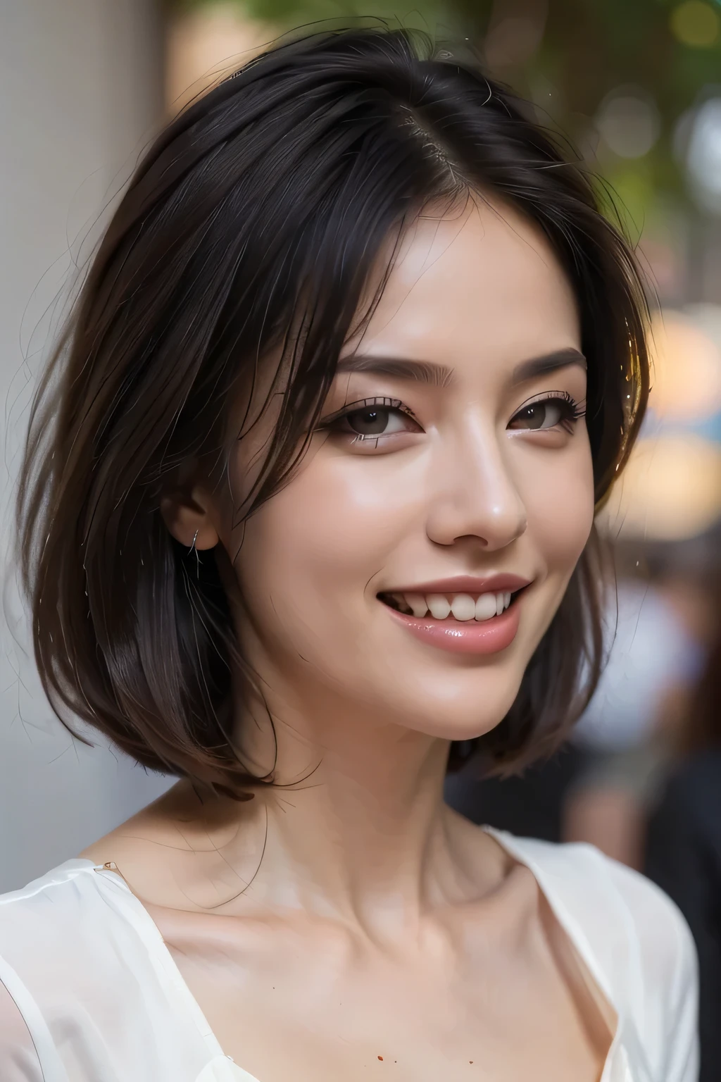 ((masterpiece)), ((Highest quality)), ((Complex)), ((Surreal)), (Realistic), (Mature Woman), ((There are no classes)), Very detailed, (1 female), Beautiful and exquisite, (Beautiful Teeth), Grin, Brunette Bob Hair, Brown eyes, ((blouse)), (Upper Body), (background:none), Perfect Eyes, Captivating eyes, Looking at the audience