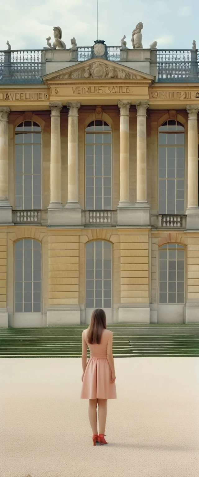 (Masterpiece.UHD.photorealistic) a photo of the Versailles castle with a lonely hot gorgeous woman.age 23. standing on in shot of luigi ghirri