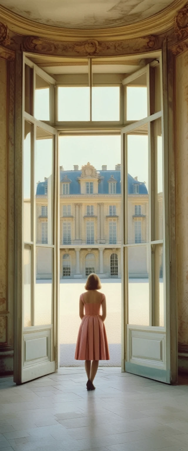 (Masterpiece.UHD.photorealistic) a photo of the Versailles castle with a lonely hot gorgeous woman.age 23. standing on in shot of luigi ghirri