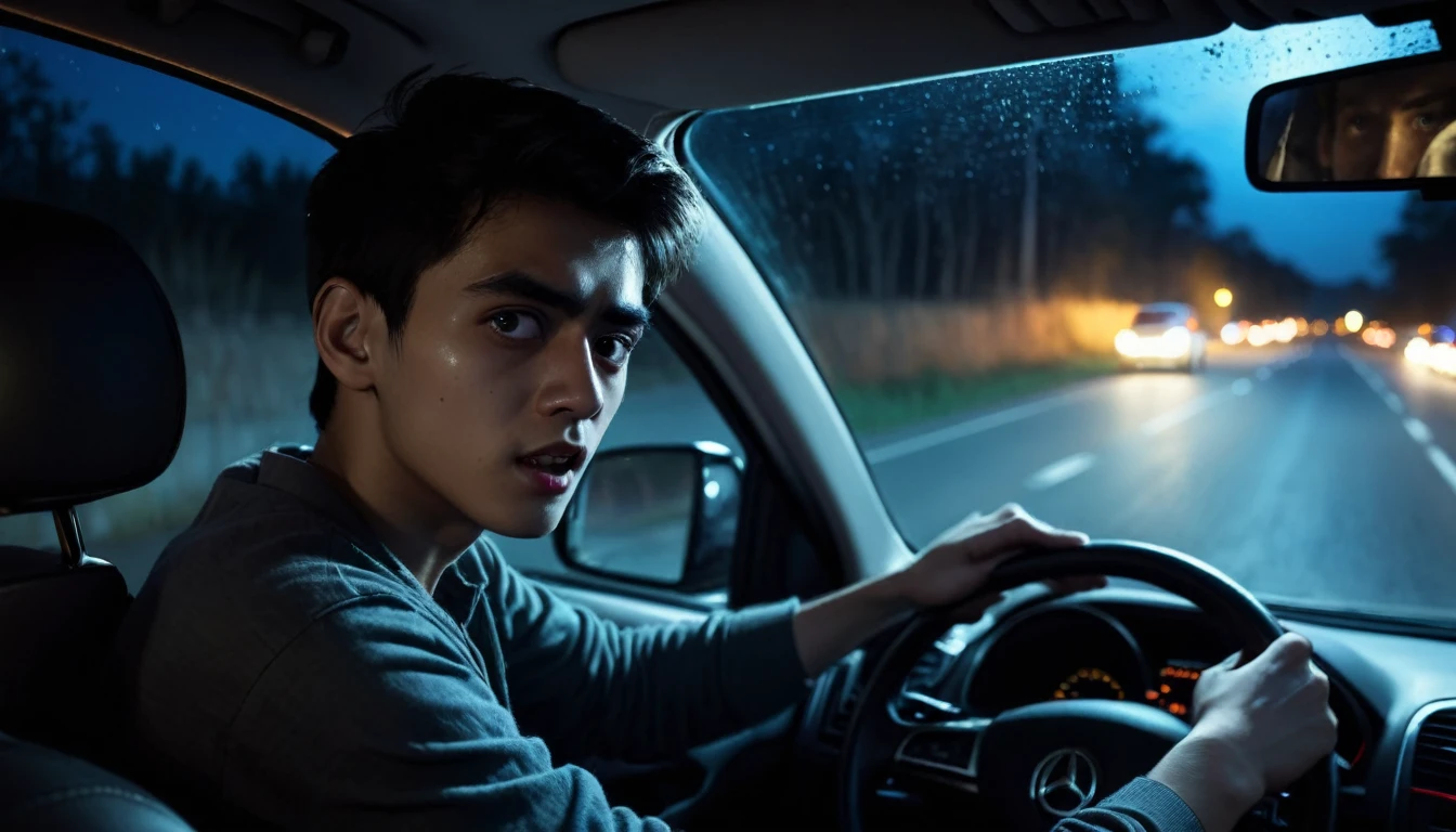 A scary horror image of a young man driving alone on the road at night, PICTURE REALISTIC, high resolution, 8K 