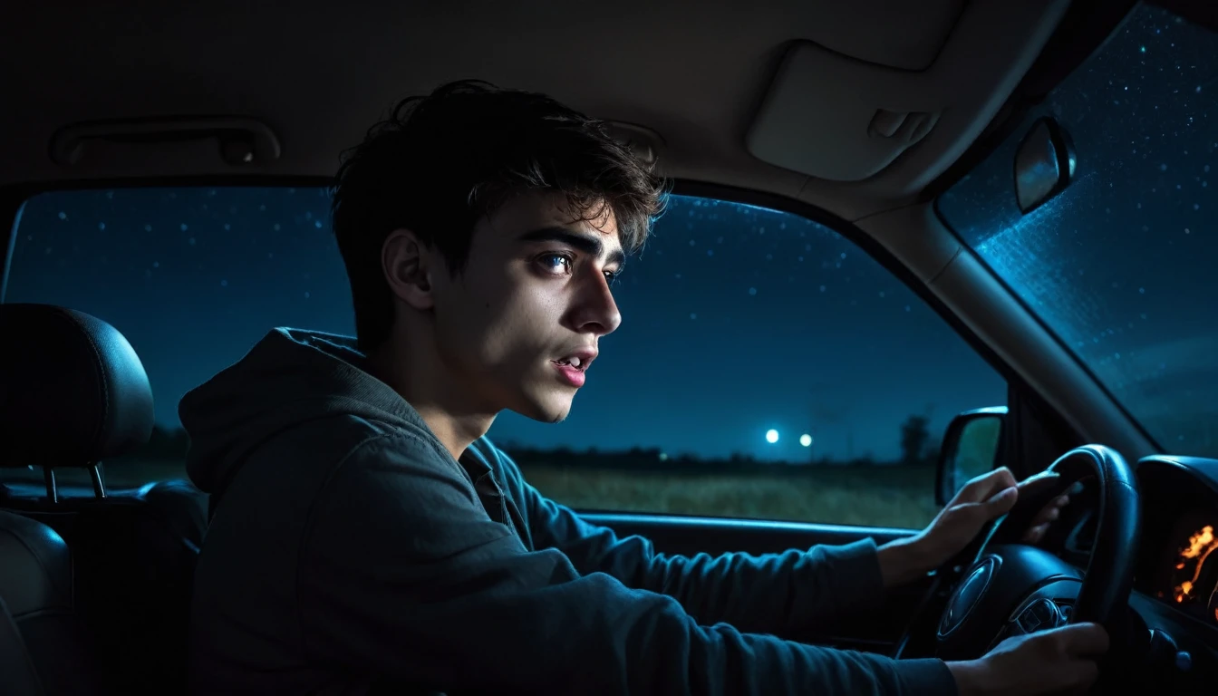 A scary horror image of a young man driving alone on the road at night, PICTURE REALISTIC, high resolution, 8K 