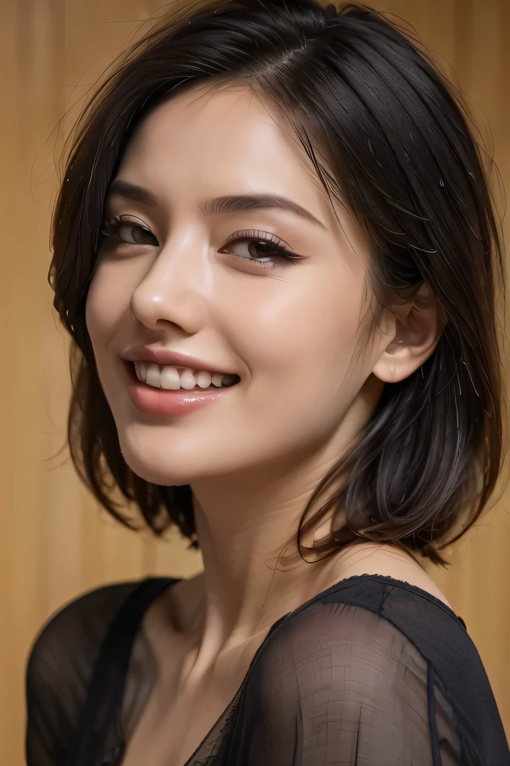 ((masterpiece)), ((Highest quality)), ((Complex)), ((Surreal)), (Realistic), (Mature Woman), ((There are no classes)), Very detailed, (1 female), Beautiful and exquisite, (Beautiful Teeth), Grin, Brunette Bob Hair, Brown eyes, ((blouse)), (Upper Body), (background:none), Perfect Eyes, Captivating eyes, Looking at the audience