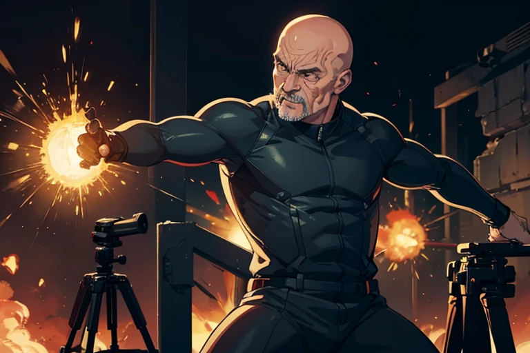 A bald old man in a skintight suit punches an alien tripod, causing it to explode