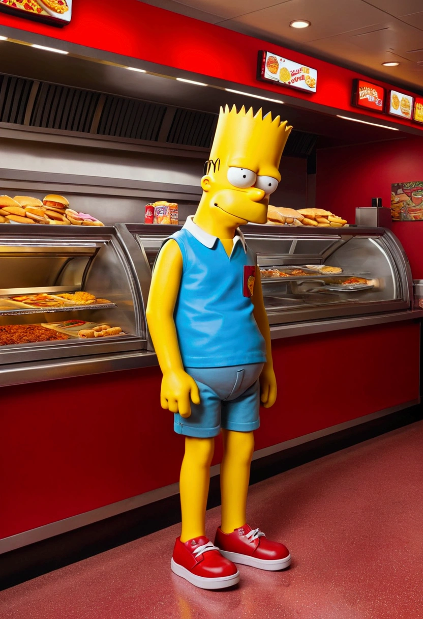Fast Food Worker, Bart Simpson, full body, cinematic still, cinemascope, best quality, masterpiece, very aesthetic, perfect composition, intricate details, ultra-detailed, vivid colors