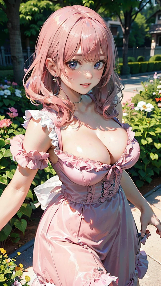(Masterpiece, BestQuality:1.3), (ultra detailed:1.2), (hyperrealistic:1.3), (RAW photo:1.2), High detail RAW color photo, professional photograph, (Photorealistic:1.4), (realistic:1.4), (Pink Hair:1.5), professional lighting, perfect anatomy, (Big Breasts:1.2), (blush, detailed face), (A happy smile:1.7), sexly, erotic sexly, Random sexy gravure poses, (Beautiful woman in a pink frilly dress、Walking around emphasizing her bust at a garden party。:1.3)