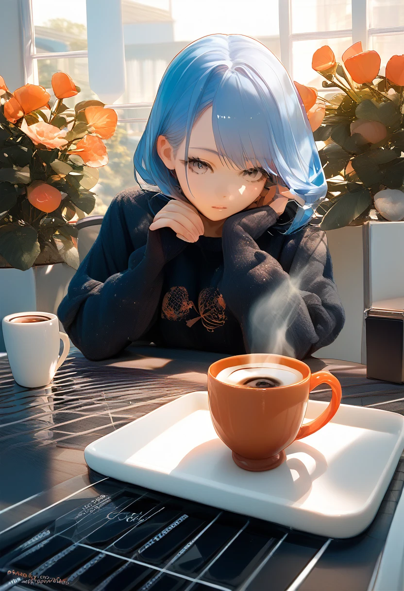 focus on cup , A cup filled with freshly brewed coffee, coffee beans scattered around, a shiny reflection on the surface,score_9,score_8_up,source_anime