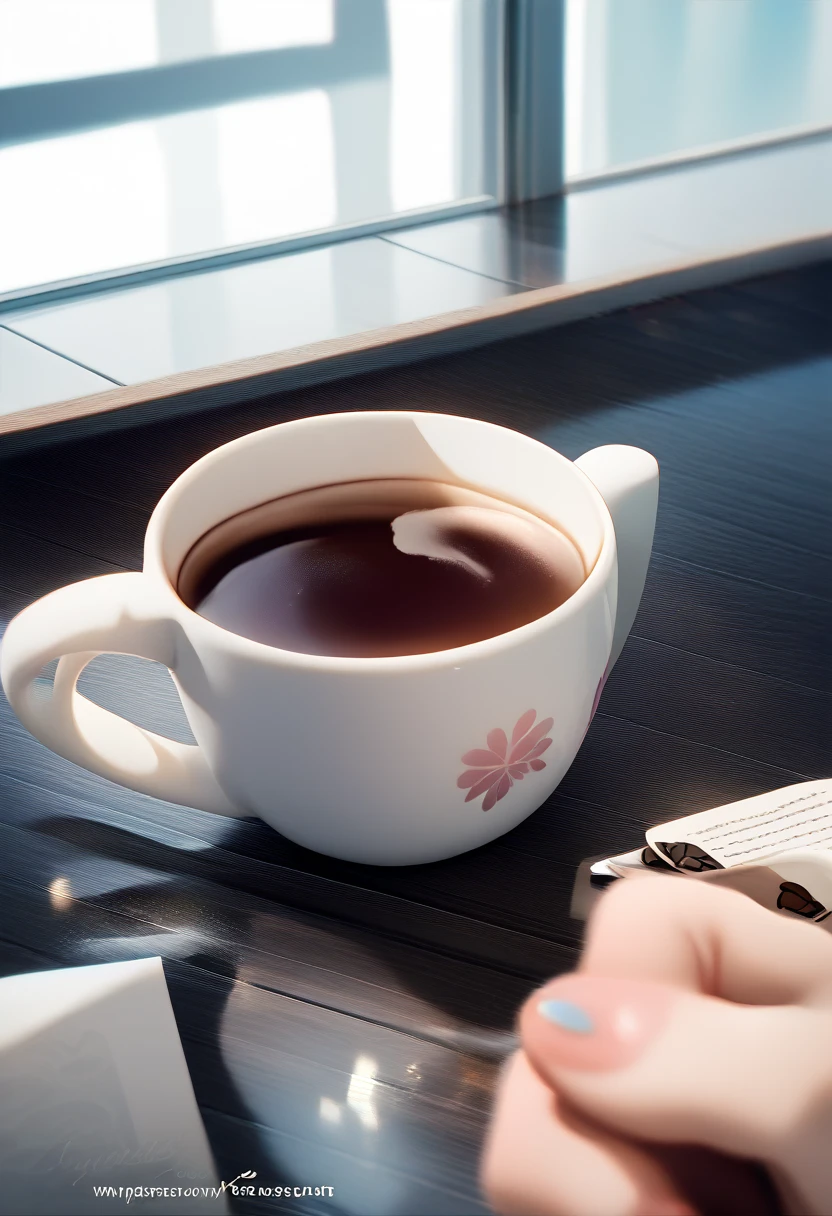 focus on cup , A cup filled with freshly brewed coffee, coffee beans scattered around, a shiny reflection on the surface,score_9,score_8_up,source_anime
