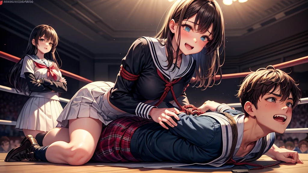 (1 boy, 1 girl), a teenage school girl in mixed bondage wrestling with a teenage boy, they are roughly the same age, the school girl is wearing a red pleaded careered skirt and a black pullover, the girl has a is a bit smaller than the boy, the girl has shoulder long hair, the boy is wearing casual clothes, teenage boy hogtied and struggling against the ropes, school girl applying more ropes to the teenage boys body, blushing boy dominated and controlled by the girl, the girl is smiling and laughing and tries to humiliate the teenage boy, the teenage boy is blushing and ashamed and is gritting his teeth, he desperately tries to break free but to no avail, the girl is sitting on top of the teenage boy to prevent him from moving and has ropes in her hands and uses them to tie up the arms of the teenage boy behind his back,the arms of the teenage boy are completely tied behind his back in lots of ropes, the teenage boy looks very embarrased and ashamed, the girl is saying „this must be embarrassing for you“ , huge struggle, many viewers watching, wrestling ring,intricate rope work, teenage boy blushing and ashamed, dramatic lighting, highly detailed, photorealistic, 8k, masterpiece, teenage school girl vs teenage school boy, femdom, power, control, beautiful teenage girl, detailed faces, teenage boy aggresively tied up by teenage girl, lots of rope, perfect eyes, detailed faces