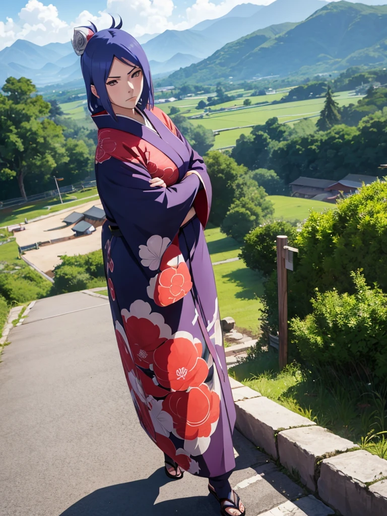 Konan from Naruto, 1girl, wearing a Japanese kimono, at a village, 8k, high detailed, high quality