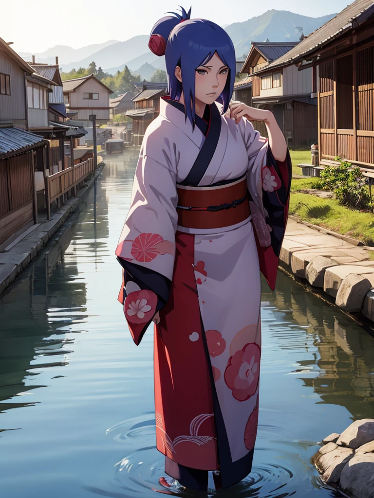 Konan from Naruto, 1girl, wearing a Japanese kimono, at a village, 8k, high detailed, high quality