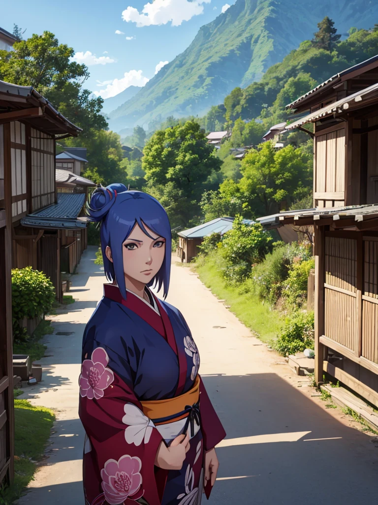 Konan from Naruto, 1girl, wearing a Japanese kimono, at a village, 8k, high detailed, high quality
