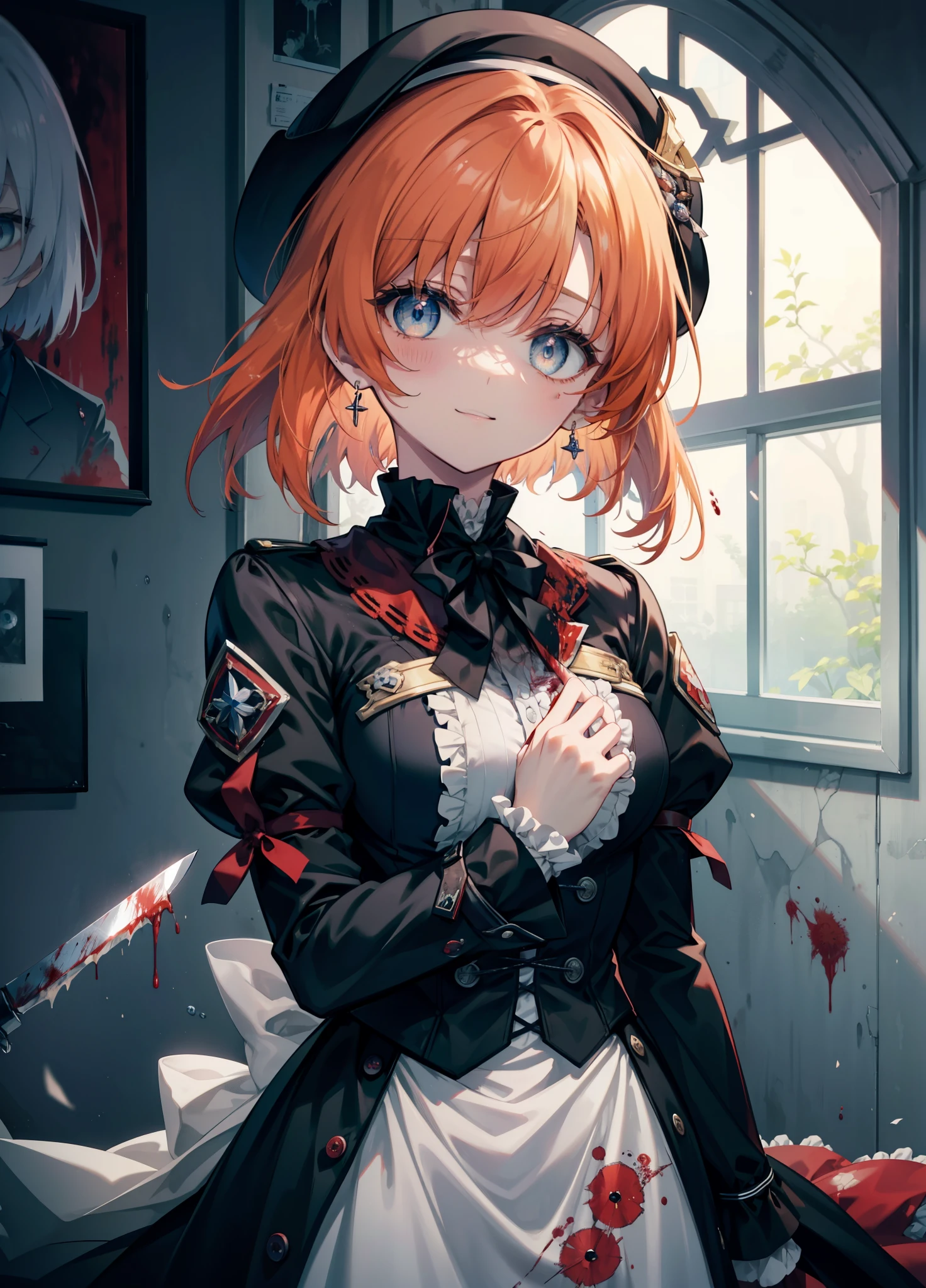 Ryugu Rena, Rena Ryuuguu, Orange Hair, short hair, Hair Blue Eyes, smile, There are still blood stains on the wall,spooky, Dead Eyes,A grinning man holding a Bloodstained knife in one hand.,Bloodstained beret,Bloodstained,Drops of blood,There was blood splattered all over the room..,spooky笑い, Dead Eyes,Psychopath horror,Bloodstained clothes,Drops of blood,spooky,murder scene, Serial killer, bathed in blood,Clothes with blood on them,Bloodstained black suit jacket, Bloodstained collared jacket,Blood stained white dress shirt, Shirt with blood on the collar, Neckline, button, strap, ID card on the neck, Bloodstained 黒色ペンシルスカート,Bloodstained 黒色パンティストッキング,Bloodstained ピンヒール,Big Breasts,holding a Bloodstained knife grip,whole bodyがイラストに入るように,Shadowed face 、
break looking at viewer,whole body,
break indoors, office,
break (masterpiece:1.2), Highest quality, High resolution, unity 8k wallpaper, (shape:0.8), (Fine and beautiful eyes:1.6), Highly detailed face, Perfect lighting, Highly detailed CG, (Perfect hands, Perfect Anatomy),