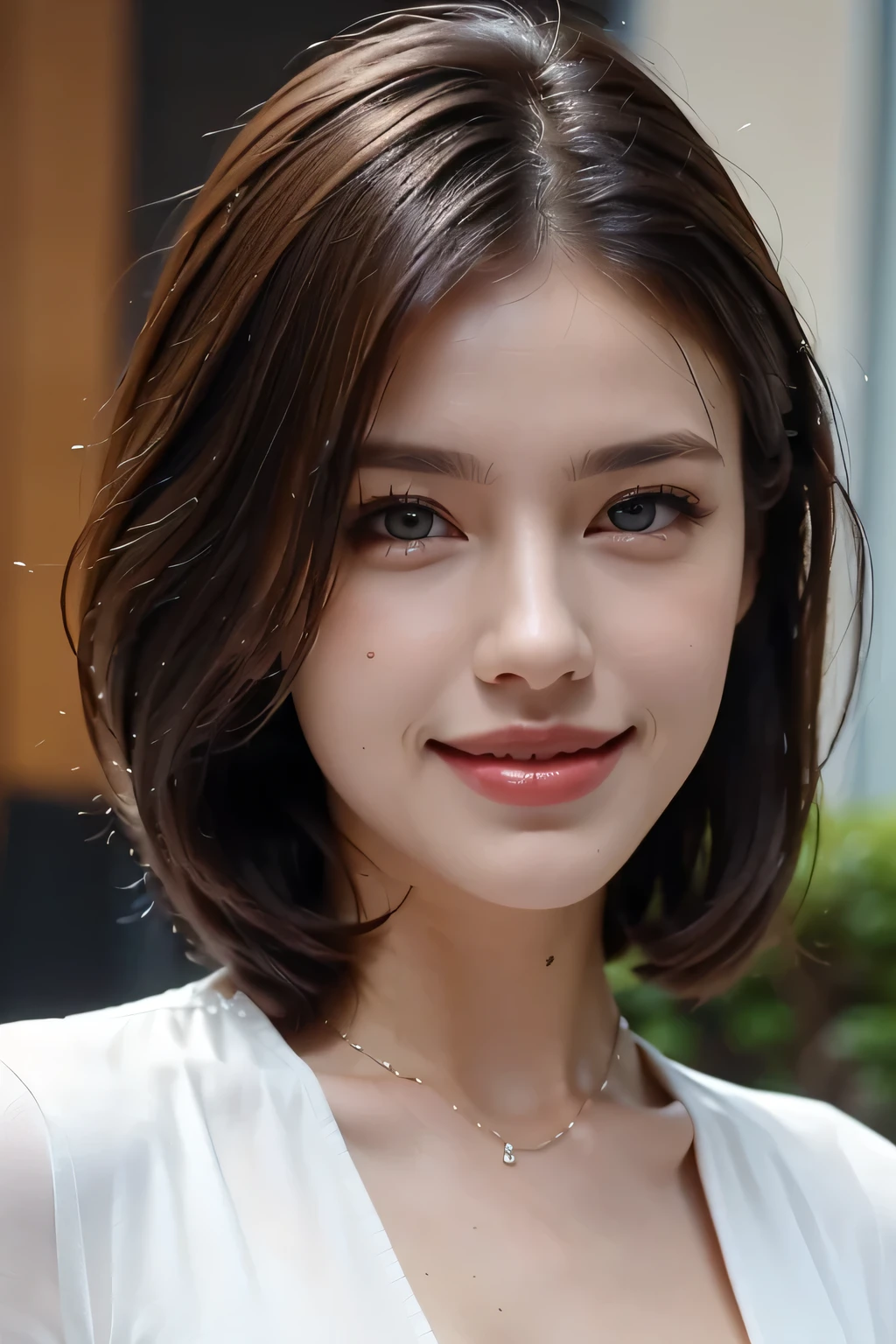 ((masterpiece)), ((Highest quality)), ((Complex)), ((Surreal)), (Realistic), (Mature Woman), ((There are no classes)), Very detailed, (1 female), Beautiful and exquisite, (Beautiful Teeth), Grin, Brunette Bob Hair, Brown eyes, ((blouse)), (Upper Body), (background:none), Perfect Eyes, Captivating eyes, Looking at the audience